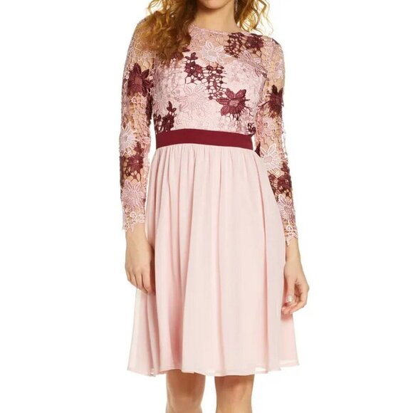 Chi Chi London Pink And Burgundy Sutton Long Sleeve A-Line Dress - Picture 1 of 3